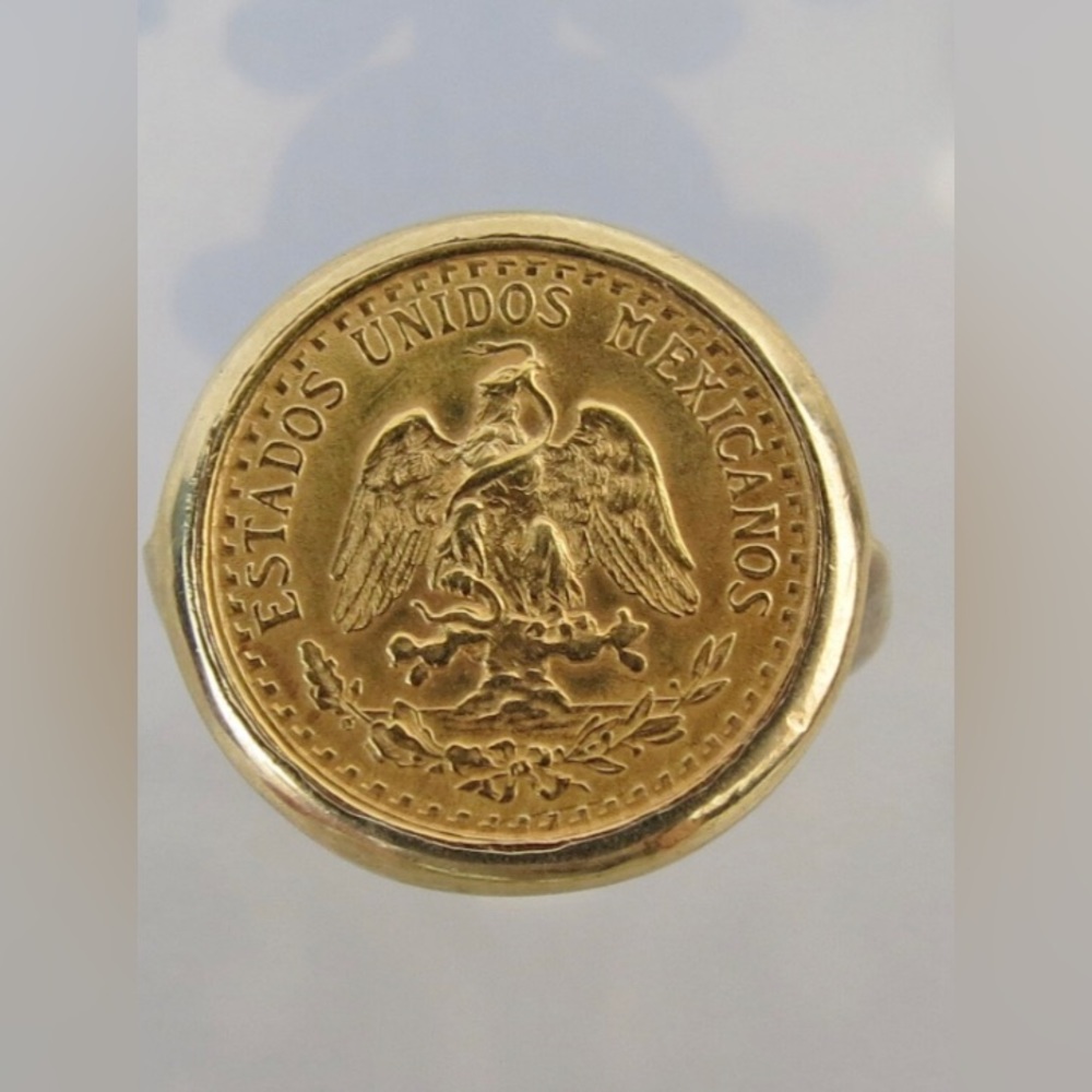 AMAZING VINTAGE ESTATE AUTHENTIC 22K DOS PESOS COIN RING IN 14K BEZEL- SIZE 4.5 - Picture 2 of 15